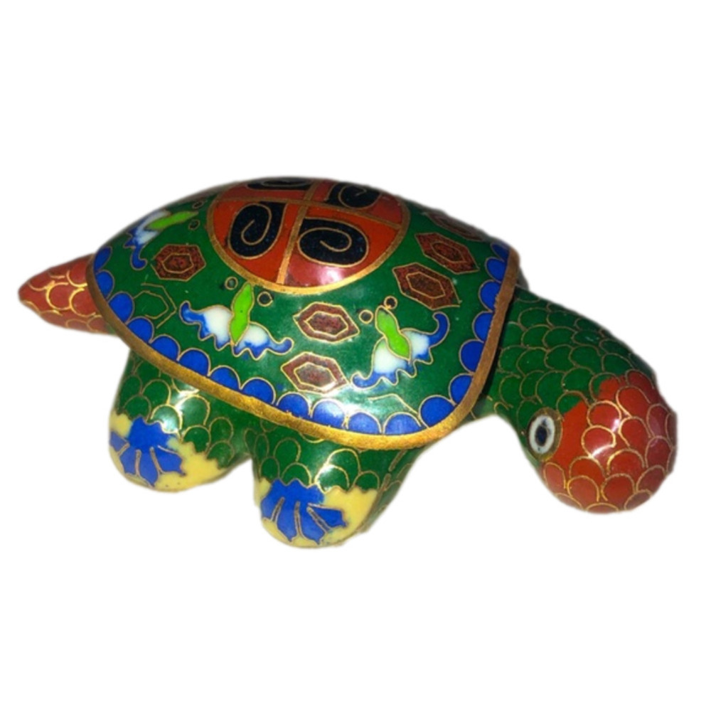VTG Chinese Cloisonne Enamel Feng Shui Turtle Tortoise Trinket Box 4” x 2.5”
